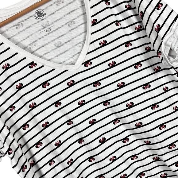 DISNEY Women's 2XL Black White Striped Minnie Mouse Silhouette V-Neck Cotton Top - Picture 1 of 8